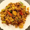 Quinoa con coles de Bruselas y pimientos