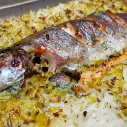 Trucha arcoíris al horno con arroz y puerros