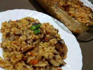 Arroz con hígado y corazón de cordero, setas y menta