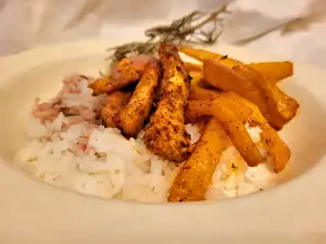 Pollo con calabaza, arroz blanco y salsa de granada