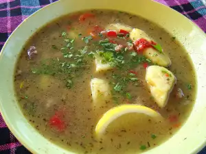 Sopa de pollo con mollejas y corazones