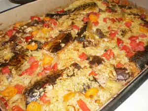 Caballa con arroz y verduras al horno