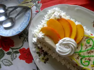 Terrina helada con melocotones caramelizados y chocolate