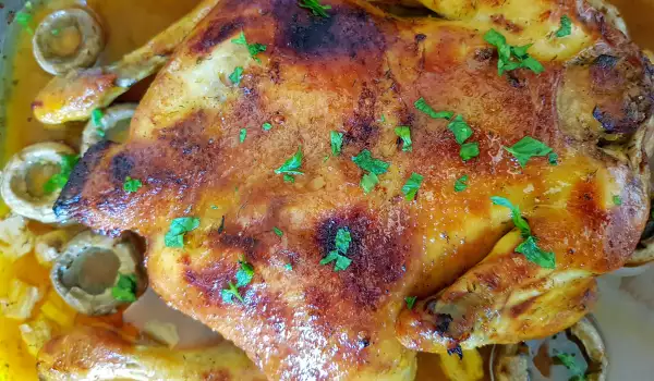 Pollo asado a fuego lento con champiñones y mantequilla