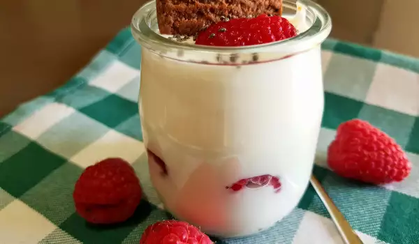 Yogur colado casero con frambuesas y galletas