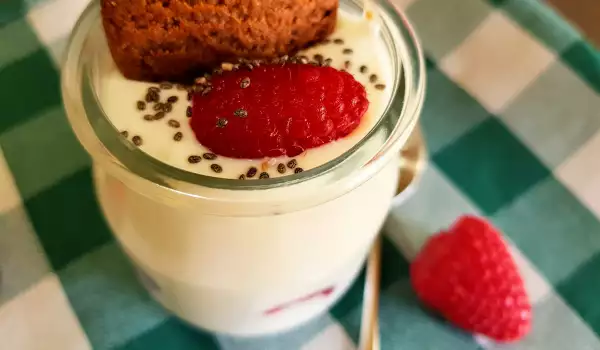 Yogur colado casero con frambuesas y galletas