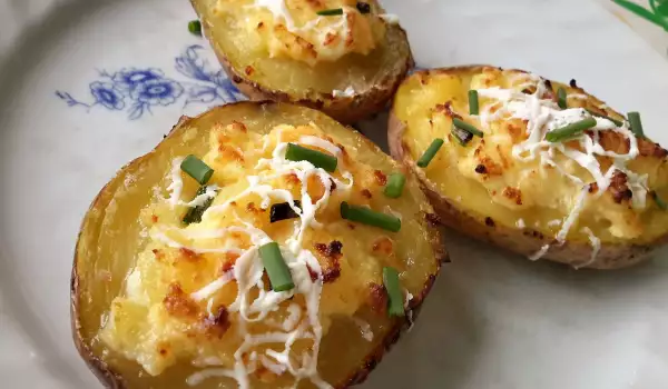 Patatas rellenas con huevo, queso y cebolla