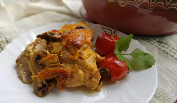 Pollo con champiñones en olla de barro