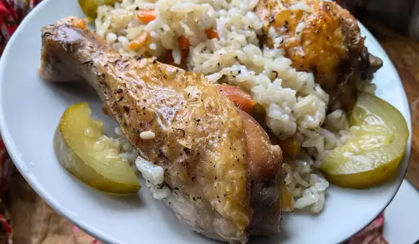 Pollo al horno con arroz y vino blanco