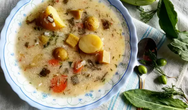 Sopa de patatas y arroz con ciruelo de jardín y vinagrera