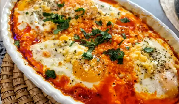 Huevos con salsa de tomate y pimientos