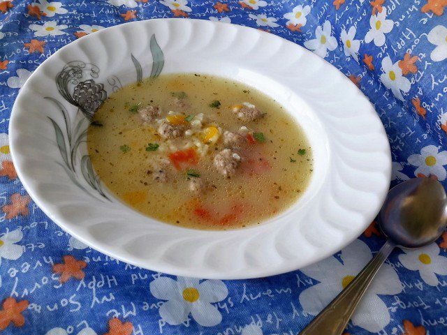 Sopa de albondiguillas con zanahorias y arroz