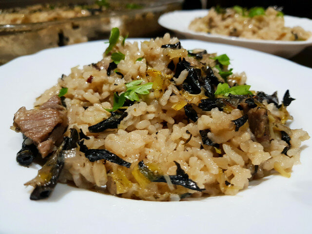 Arroz al horno con ternera, setas y puerros