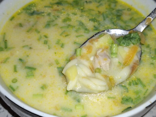 Sopa de pollo con pasta orzo